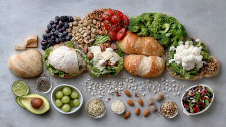 This image captures a visually stunning array of fresh and healthy ingredients, including vibrant greens, ripe fruits, and artisanal breads, perfect for culinary ideas.の素材