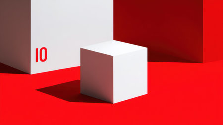 A captivating abstract scene showcasing white cubes against a vibrant red backdrop, highlighting the number ten. This design embodies modern minimalism.の素材