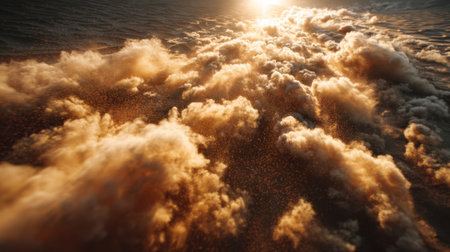 A breathtaking view of a sunset with golden light illuminating soft clouds of dust drifting across the landscape, evoking a sense of tranquility and wonder.の素材