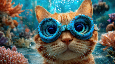 A whimsical scene features a ginger cat sporting bright blue goggles, exploring an underwater world filled with colorful coral and marine life.の素材