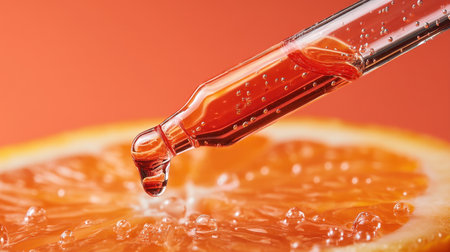 A captivating close-up image of a dropper dispensing vibrant orange liquid onto a fresh orange slice, creating a dynamic visual. Bubbles add a refreshing touch.の素材