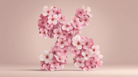 An artistic composition featuring pink cherry blossom flowers arranged into a decorative symbol, set against a soft pastel background, evoking beauty and tranquility.の素材