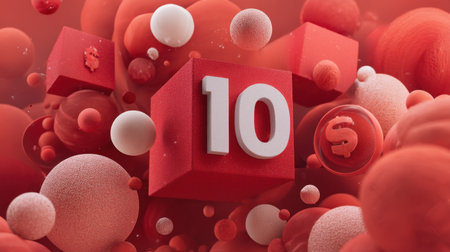 This vibrant abstract illustration features the number 10 on a cube surrounded by spheres, perfect for themes related to finance, creativity, and celebration.の素材