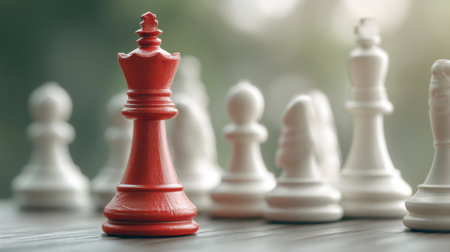 A striking red king piece takes center stage surrounded by blurred white chess pieces, symbolizing strategy and competition in a game of intellect.の素材