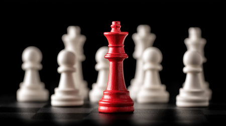 A striking red chess king stands proudly among a circle of white pawns against a dark background, symbolizing strategy, competition, and leadership in the game of chess.の素材
