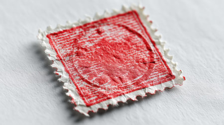 A close-up view of a vintage red stamp laid on a white textured surface. The intricate design and worn edges capture the essence of postal history and collectibles.の素材