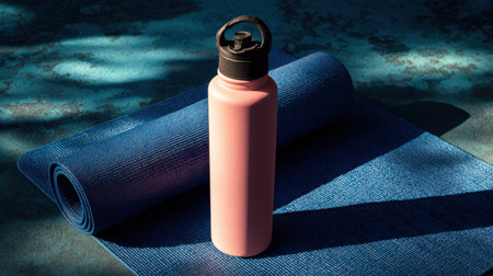 A vibrant pink water bottle stands next to a blue yoga mat on a textured surface, symbolizing fitness, hydration, and wellness. Perfect for active lifestyles.の素材