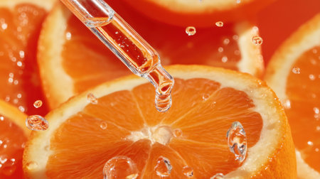 Close-up capture of fresh orange slices enhanced by droplets of water and a glass dropper, illustrating vitality and flavor for culinary inspiration.の素材