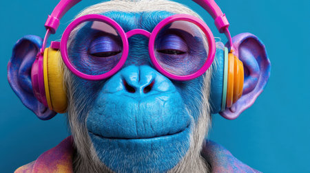 A vibrant monkey is seen wearing pink glasses and bright headphones, fully immersed in the joy of music, set against a striking blue background.の素材