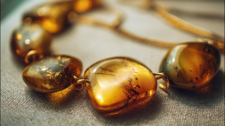 This stunning amber necklace features beautifully polished stones that reflect a warm glow, set against a soft fabric backdrop. Ideal for fashion enthusiasts.の素材