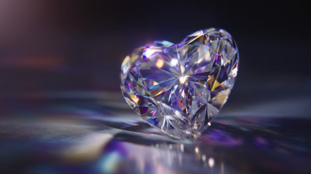 A stunning heart-shaped diamond rests elegantly on a dark surface, reflecting a dazzling display of colors and light, showcasing its exquisite cut and brilliance.の素材
