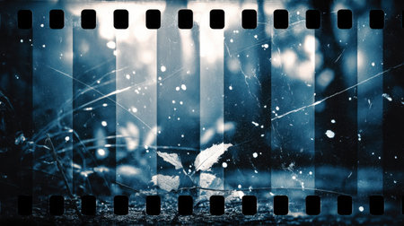 A captivating vintage film strip overlay featuring a delicate leaf on a softly blurred forest background, evoking nostalgia and artistic flair.の素材