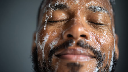 A close-up image captures a man enjoying a refreshing facial wash, with soap lather and water droplets highlighting a moment of tranquility.の素材