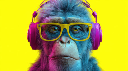 A whimsical monkey sporting vibrant headphones and stylish glasses stands against a bright yellow backdrop, radiating fun and personality.の素材