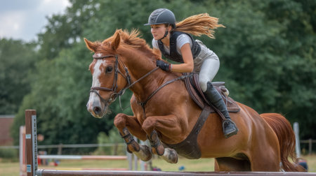 A skilled equestrian rider performs an impressive jump with her horse over a barrier, set against a vibrant outdoor backdrop, showcasing the beauty of horse riding.の素材