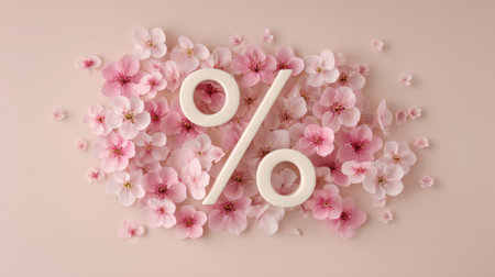 This elegant image features a stylish arrangement of soft pink cherry blossoms surrounding a prominent discount symbol, perfect for spring sales and promotions.の素材