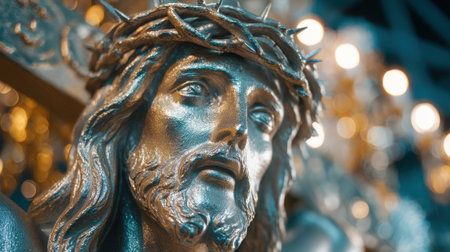 A stunning close-up image of a Jesus figure adorned with a crown of thorns, capturing intricate details and emotional expression, perfect for religious themes.の素材