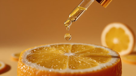 A vibrant close-up of a fresh orange slice with an oil dropper releasing citrus juice, showcasing freshness and healthy lifestyle concepts.の素材