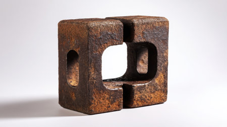 This vintage rusty metal sculpture features geometric shapes and unique textures, creating a striking visual for contemporary decor or art displays.の素材
