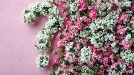 This captivating floral arrangement shapes a question mark, blending pink and white blooms against a soft pink backdrop, evoking curiosity and beauty.の素材
