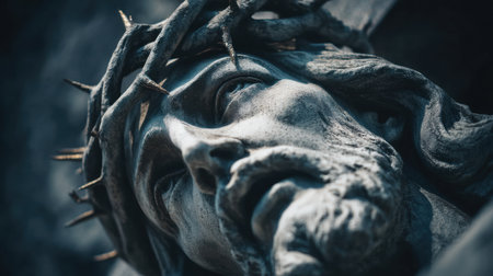 This striking close-up captures a religious sculpture of Jesus adorned with a crown of thorns, emphasizing texture and emotion. The interplay of light and shadow enhances its artistry, embodying deep spiritual themes.の素材