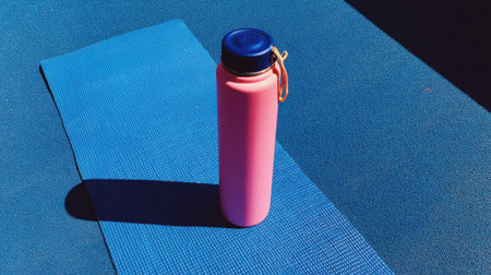 A striking pink water bottle sits on a blue yoga mat, showcasing the perfect blend of style and functionality for active individuals.の素材