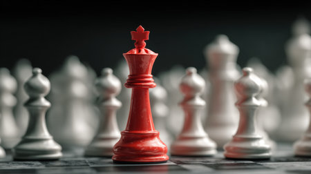 A striking red chess king stands out in sharp focus, surrounded by an array of blurred white pieces, exemplifying strategic depth and competition.の素材