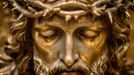 This striking close-up captures the intricate details of a bronze statue of Jesus Christ adorned with a crown of thorns, radiating serenity and emotion.の素材
