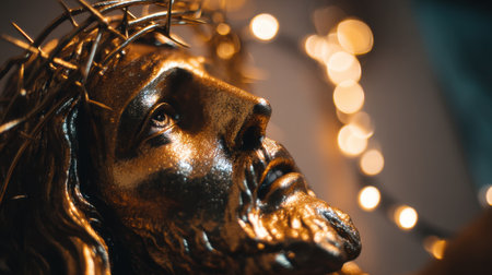 This image features a stunning close-up of a golden statue of Jesus Christ wearing a crown of thorns, illuminated by soft ambient lights. The serene expression evokes deep spirituality and reflection.の素材