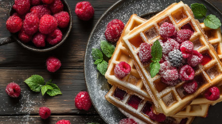 A beautifully arranged plate of waffles, generously topped with fresh raspberries and mint leaves, dusted with sugar, perfect for breakfast or dessert.の素材