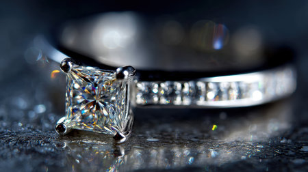 A stunning square-shaped diamond engagement ring glistens with light on a reflective surface, epitomizing elegance and luxury for special moments.の素材