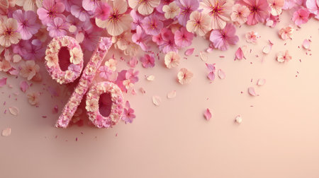 An artistic arrangement of pink flowers forming a percentage symbol on a soft pink background, ideal for promotions or seasonal sales.の素材