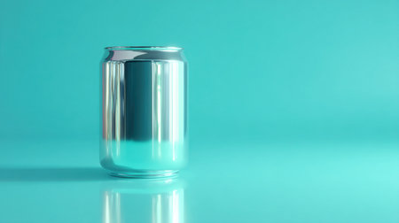 A sleek, shiny aluminum can stands against a vibrant blue backdrop, capturing light and creating reflections in a stylish, minimalist composition.の素材
