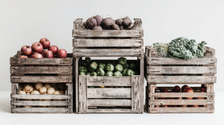 A collection of fresh vegetables and fruits displayed in rustic wooden crates showcases a vibrant and healthy lifestyle. Perfect for farm-to-table themes.の素材