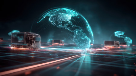 This image illustrates a futuristic transportation network featuring trucks navigating a digital grid. The global connectivity is represented by a glowing Earth, emphasizing innovation in logistics and movement efficiency.の素材