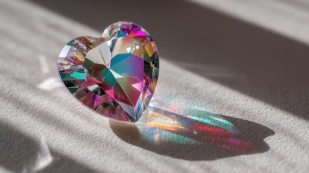 A stunning heart-shaped crystal beautifully reflects sunlight, creating a spectacular display of colors and shadows on a soft surface.の素材