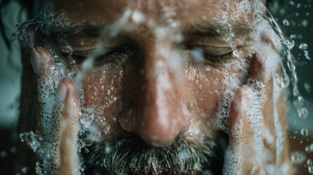 A close-up of a man cleansing his face with lather and water, showcasing the refreshing moments of a daily skincare routine and deep relaxation.の素材
