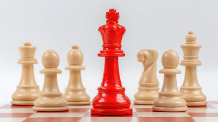 A striking red king chess piece stands out against light-colored pieces on a chessboard, symbolizing strategy and competition in a classic game.の素材