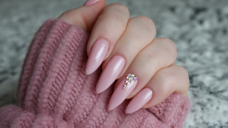 A close-up view of elegant pink nails featuring a glossy finish and sparkling embellishments, complemented by a soft knit background, conveying a sense of beauty and comfort.の素材