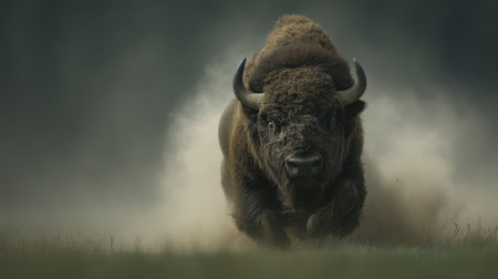 A striking image of a majestic bison galloping through a dusty prairie, showcasing the raw power and beauty of wildlife in a dramatic low light setting.の素材
