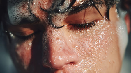 This close-up image captures the serene expression of a person with soapy bubbles on their face, highlighting freshness and relaxation.の素材