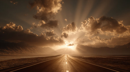 A tranquil road stretches toward a captivating sunset, with vibrant golden rays piercing through dramatic clouds illuminating the landscape.の素材