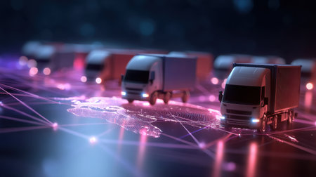 A visually captivating representation of a digital transport network featuring truck models on an abstract map. This image illustrates the connectivity in logistics and transportation.の素材