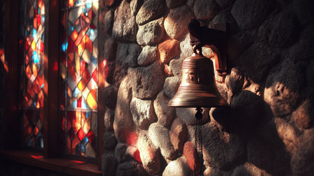 This captivating image features a rustic bell mounted on a stone wall, illuminated by colorful light filtering through a stained glass window, creating a serene and charming atmosphere.の素材
