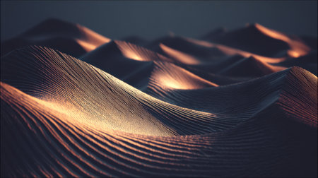 A mesmerizing close-up of sand dunes showcases intricate textures, highlighted by soft lighting that enhances the soothing patterns and tranquil beauty of nature.の素材
