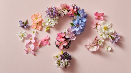 A captivating arrangement of various colorful flowers forming a question mark on a soft pink background, symbolizing curiosity and beauty in nature.の素材