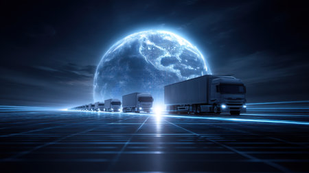 A striking scene featuring futuristic trucks driving toward a glowing moon on a digital grid landscape. This imagery evokes themes of technology, innovation, and transportation under a dramatic night sky.の素材
