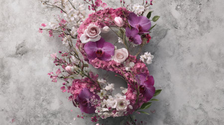 This stunning floral arrangement showcases the letter S, beautifully crafted with pink orchids and soft blossoms against a textured background, perfect for any decorative needs.の素材