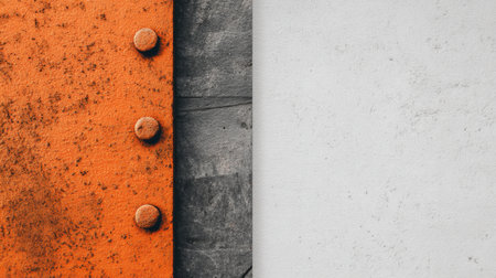This image features a close-up shot of a rusty orange metal plate with rivets, contrasted against a gray and white textured background, showcasing industrial aesthetics.の素材