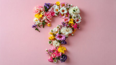 A vibrant floral arrangement forms a playful question mark on a soft pink background, symbolizing creativity and curiosity in design.の素材